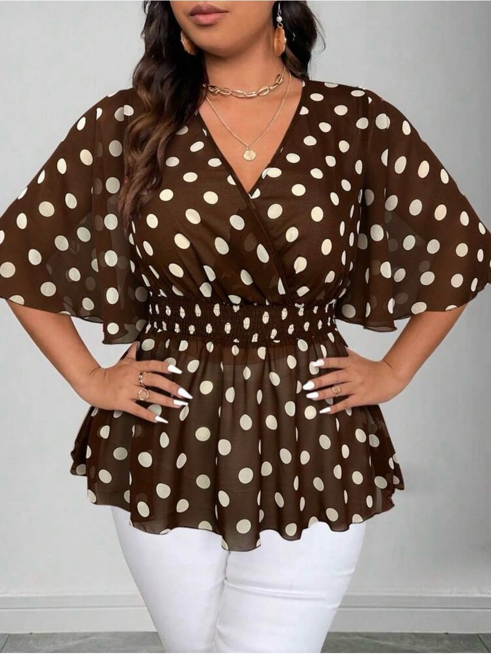 Brown and Cream Polka Dot V-Neck Smocked Waist Blouse